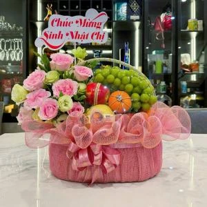 HD20 - Giỏ trái cây mix hoa tươi tone hồng ngọt ngào