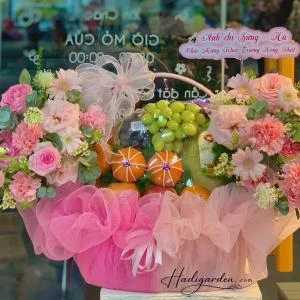 07042502 - Giỏ trái cây mix hoa tone hồng sang trọng, hiện đại full 2 mặt trước sau
