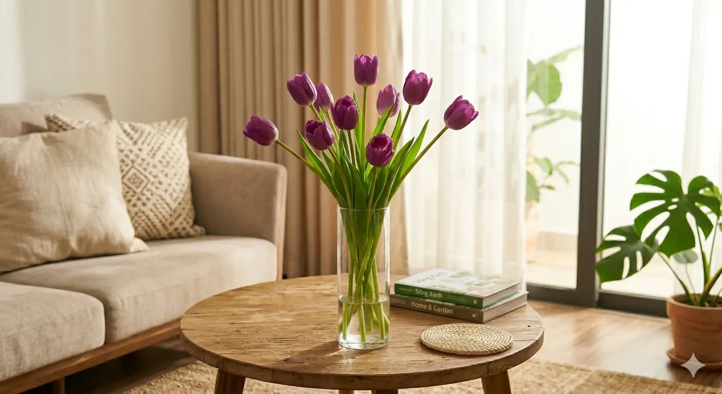 Huong dan cam hoa tulip tim thanh lich trong binh tru cao