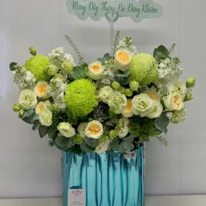 Hộp hoa tone xanh bơ sang trọng mix sen đá